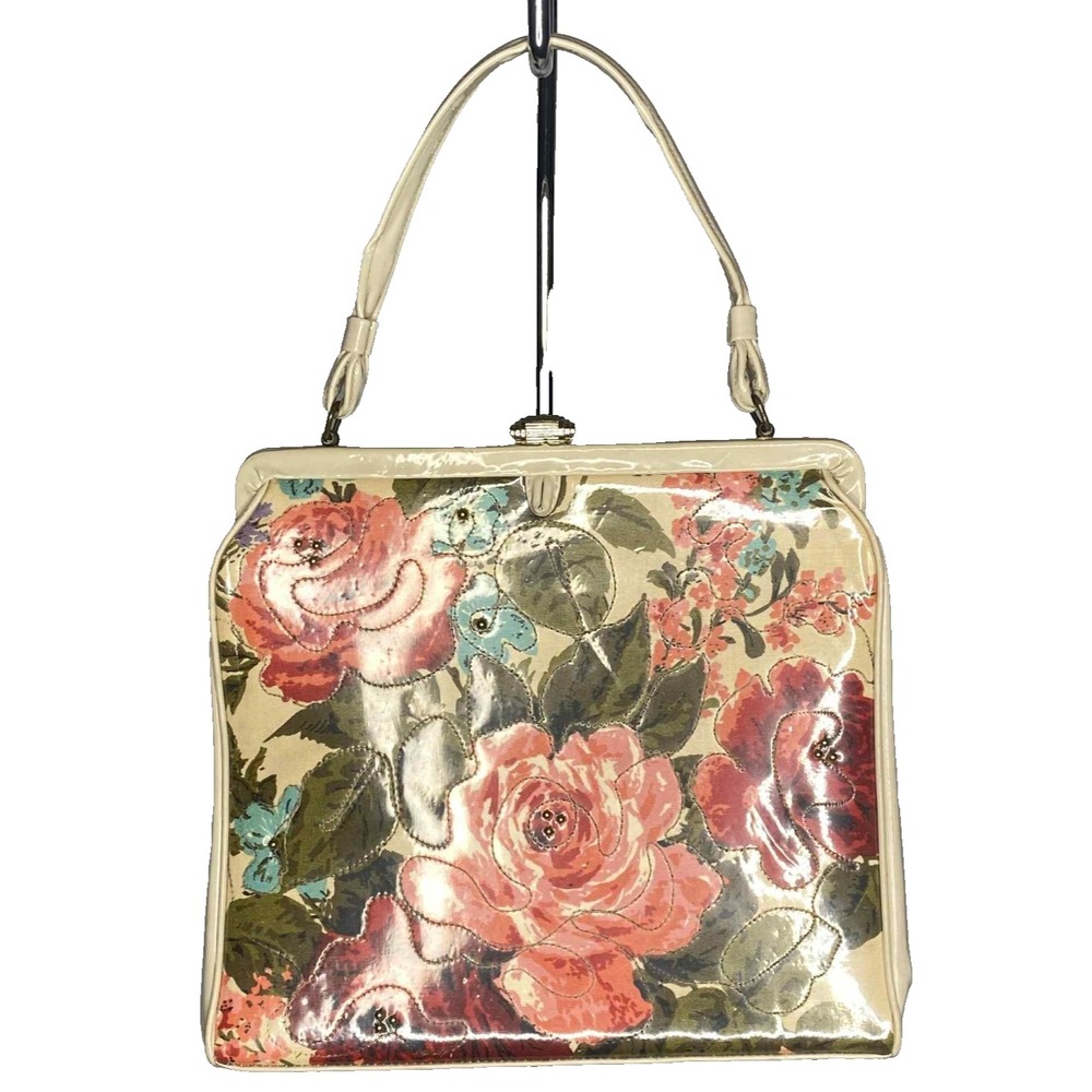 VTG 50s SOURE BAG NEW YORK NEEDLE POINTED coasted stitched FLORAL HANDBAG‎ PURSE